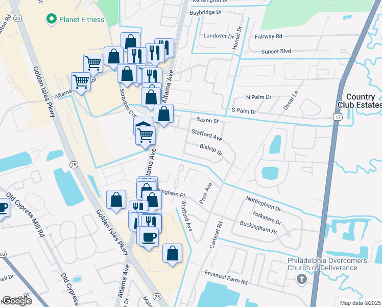 map of restaurants, bars, coffee shops, grocery stores, and more near 105 Kentshire Avenue in Brunswick