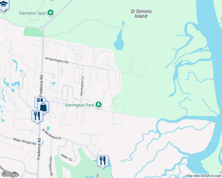 map of restaurants, bars, coffee shops, grocery stores, and more near 136 Serenity Lane in St. Simons Island