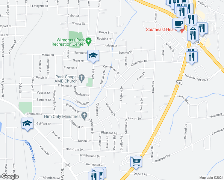 map of restaurants, bars, coffee shops, grocery stores, and more near 1336 E Selma St in Dothan