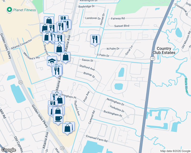 map of restaurants, bars, coffee shops, grocery stores, and more near 135 Bishop Street in Brunswick