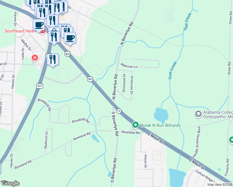 map of restaurants, bars, coffee shops, grocery stores, and more near 131-199 North Beverlye Road in Dothan