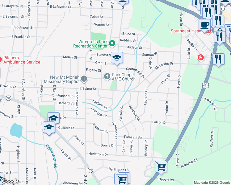 map of restaurants, bars, coffee shops, grocery stores, and more near 1001 Fairlane Drive in Dothan