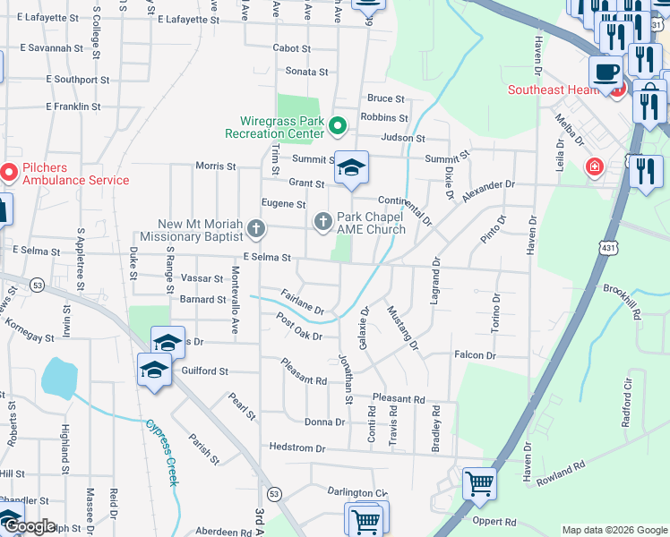 map of restaurants, bars, coffee shops, grocery stores, and more near 1001 Fairlane Drive in Dothan