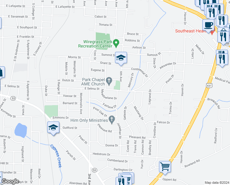 map of restaurants, bars, coffee shops, grocery stores, and more near 1000 Fairlane Drive in Dothan