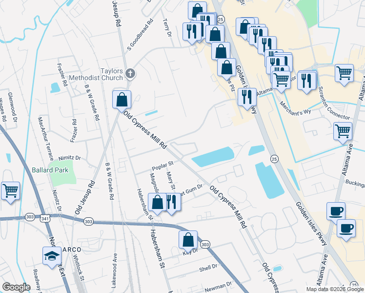 map of restaurants, bars, coffee shops, grocery stores, and more near 4325 Old Cypress Mill Road in Brunswick