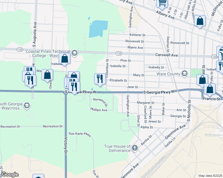 map of restaurants, bars, coffee shops, grocery stores, and more near 1500 Francis Street in Waycross