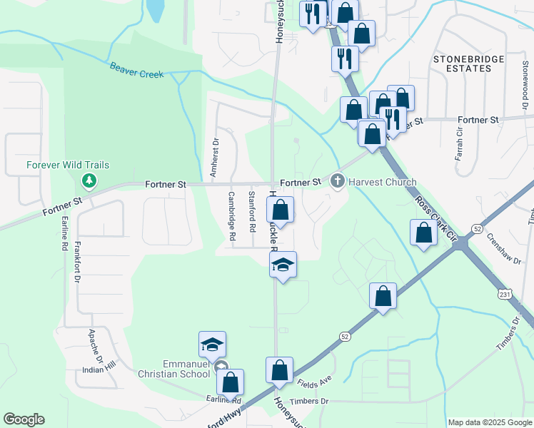 map of restaurants, bars, coffee shops, grocery stores, and more near 1402 Honeysuckle Road in Dothan