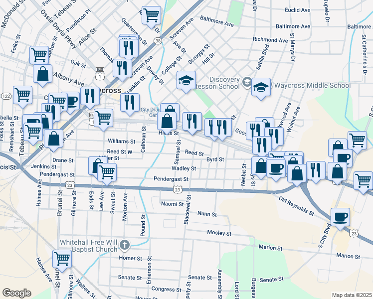 map of restaurants, bars, coffee shops, grocery stores, and more near 1007 Reed Street in Waycross