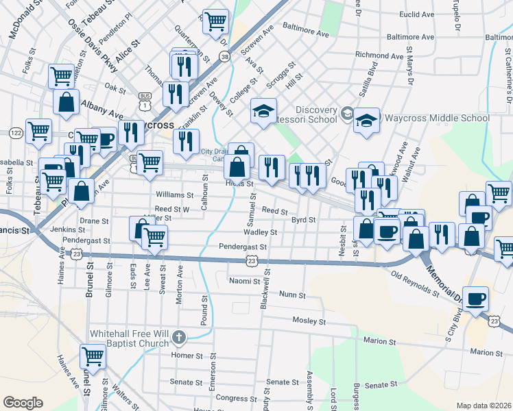 map of restaurants, bars, coffee shops, grocery stores, and more near 1007 Reed Street in Waycross