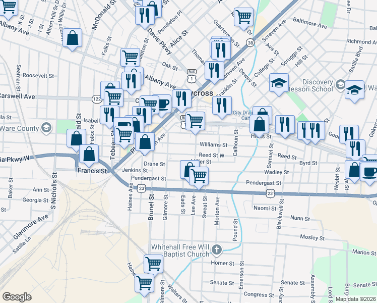 map of restaurants, bars, coffee shops, grocery stores, and more near 415 Reed Street West in Waycross