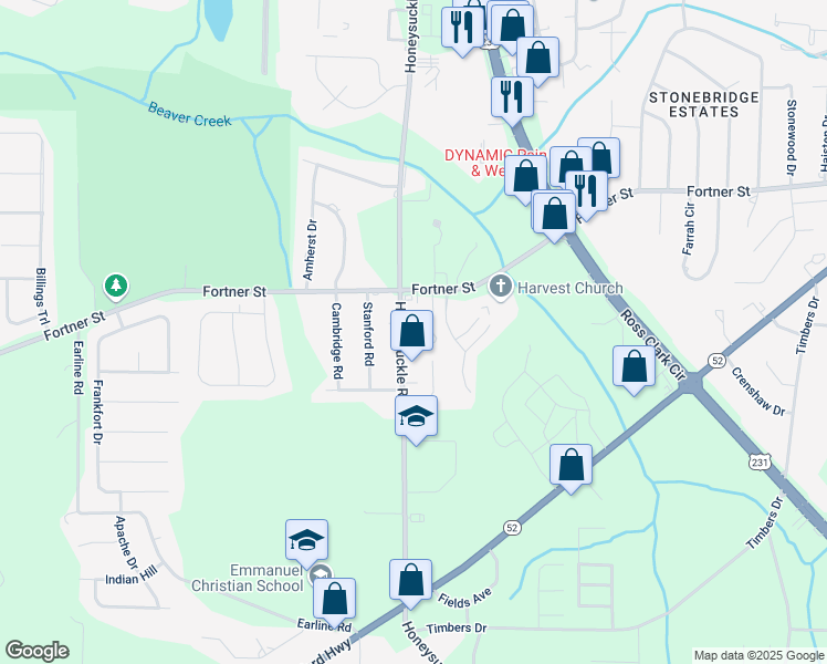 map of restaurants, bars, coffee shops, grocery stores, and more near 1402 Honeysuckle Road in Dothan