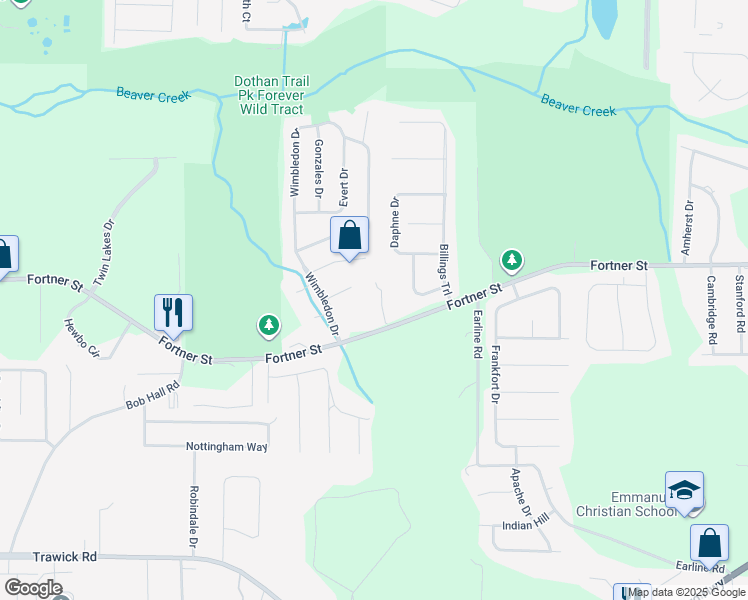 map of restaurants, bars, coffee shops, grocery stores, and more near 3954 Fortner Street in Dothan