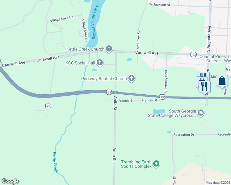 map of restaurants, bars, coffee shops, grocery stores, and more near 137 Anita Street in Waycross