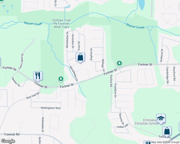map of restaurants, bars, coffee shops, grocery stores, and more near 3940 Fortner Street in Dothan