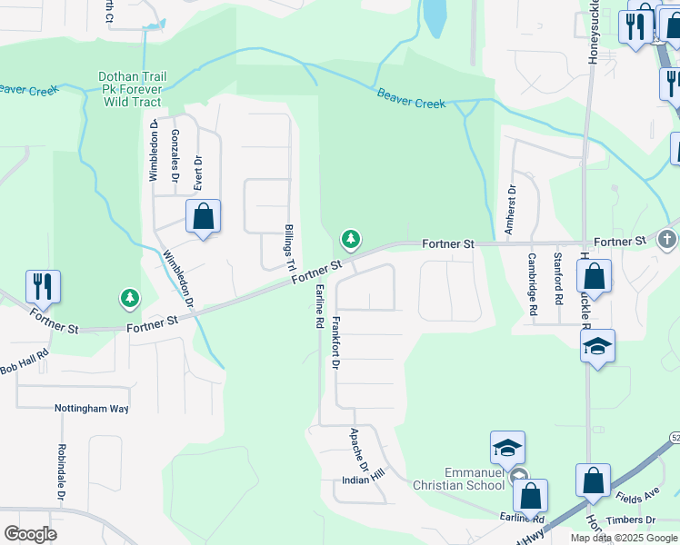 map of restaurants, bars, coffee shops, grocery stores, and more near 114 Frankfort Drive in Dothan