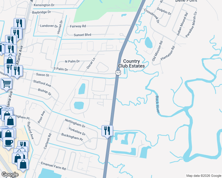 map of restaurants, bars, coffee shops, grocery stores, and more near 3891 Darien Highway in Brunswick
