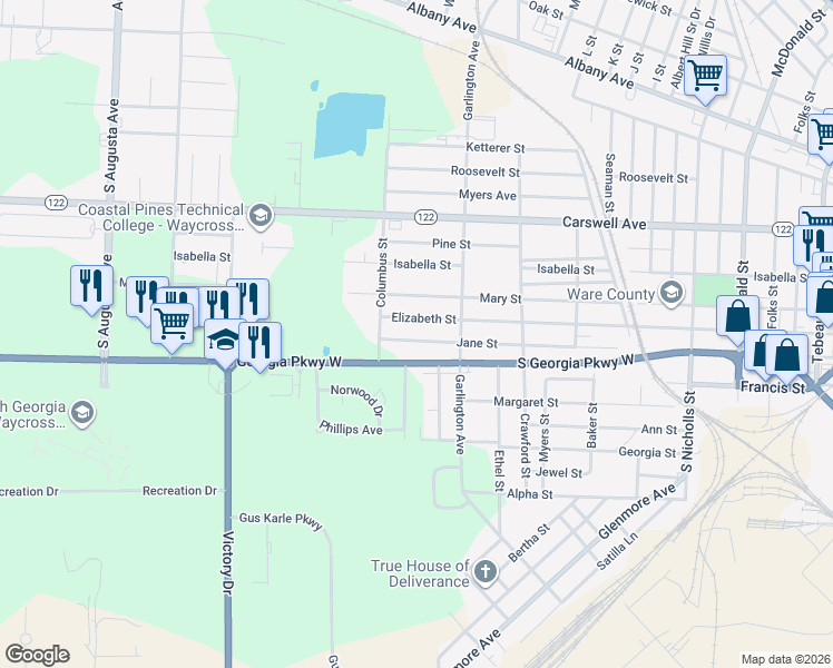 map of restaurants, bars, coffee shops, grocery stores, and more near 1500 Francis Street in Waycross