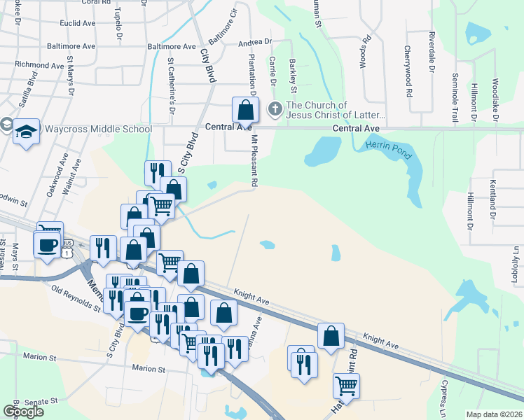 map of restaurants, bars, coffee shops, grocery stores, and more near in Waycross