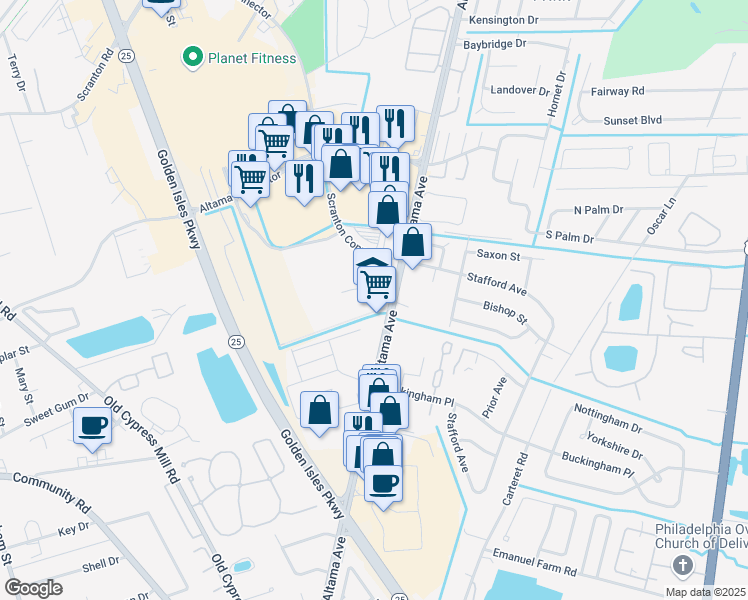 map of restaurants, bars, coffee shops, grocery stores, and more near 5505 Altama Avenue in Brunswick