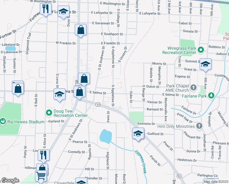 map of restaurants, bars, coffee shops, grocery stores, and more near 835 South Appletree Street in Dothan