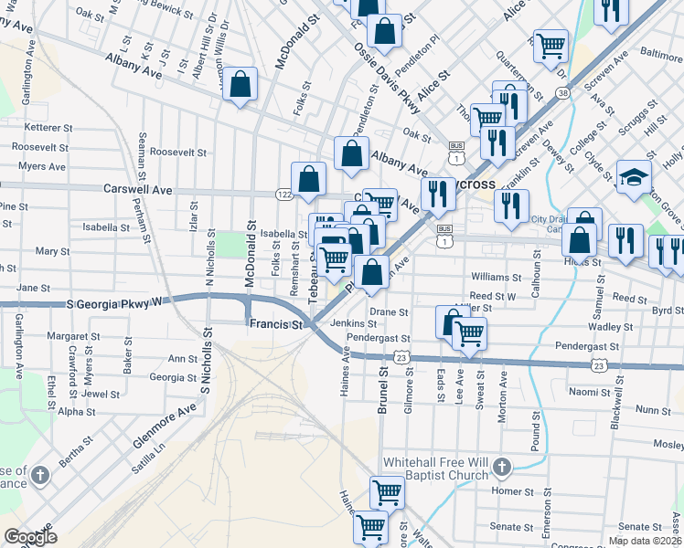 map of restaurants, bars, coffee shops, grocery stores, and more near 417 Lott St in Waycross