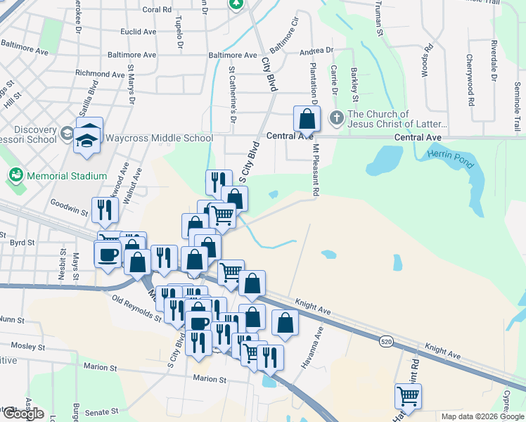 map of restaurants, bars, coffee shops, grocery stores, and more near 1865 Mount Pleasant Road in Waycross