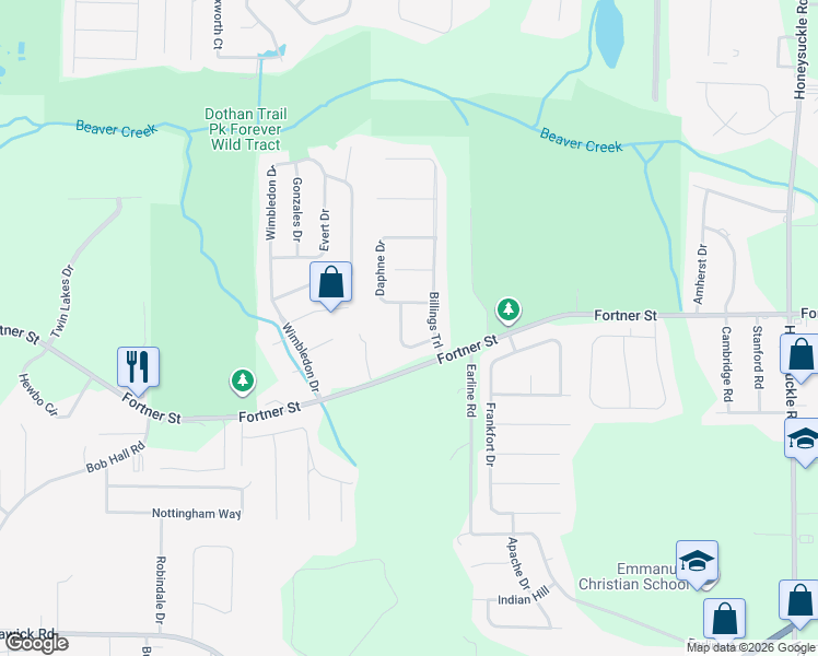 map of restaurants, bars, coffee shops, grocery stores, and more near 3940 Fortner Street in Dothan