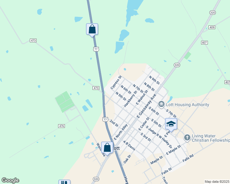 map of restaurants, bars, coffee shops, grocery stores, and more near Oleander Street in Lott