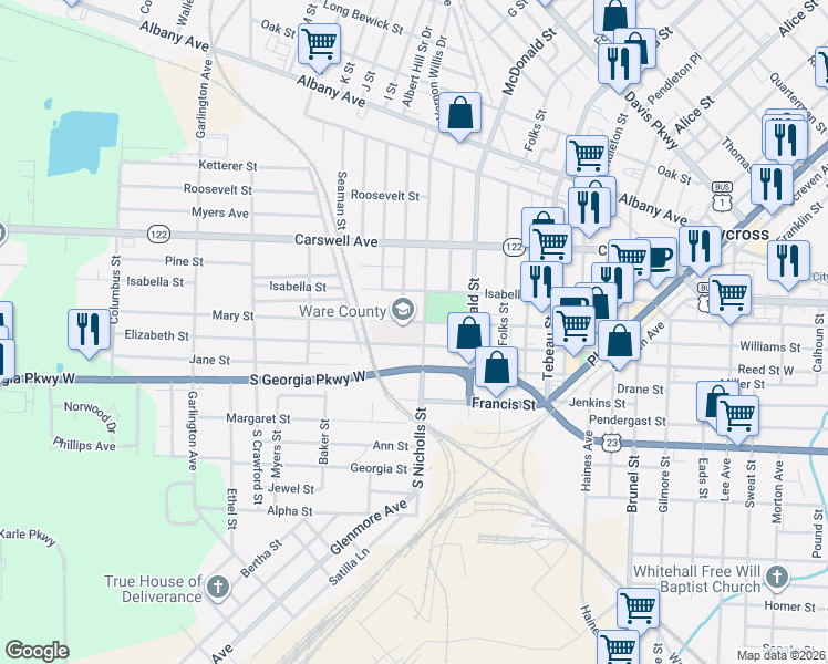 map of restaurants, bars, coffee shops, grocery stores, and more near 1001-1009 Mary Street in Waycross