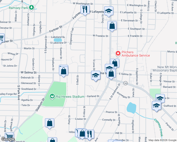 map of restaurants, bars, coffee shops, grocery stores, and more near 1028 South Lena Street in Dothan