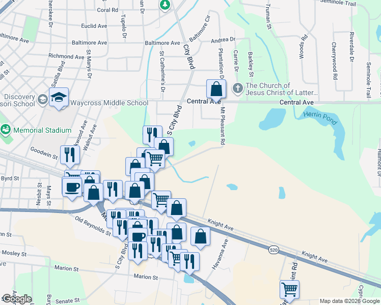 map of restaurants, bars, coffee shops, grocery stores, and more near 1865 Mount Pleasant Road in Waycross