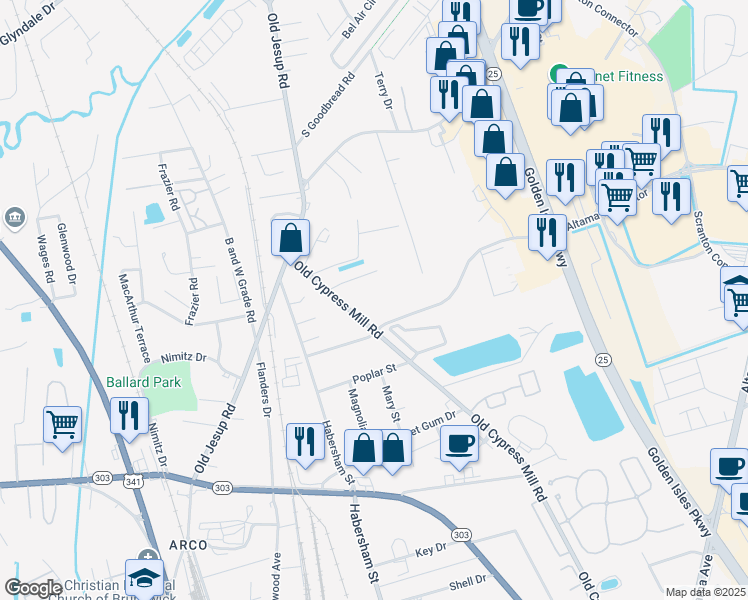 map of restaurants, bars, coffee shops, grocery stores, and more near 117 Foster Drive in Brunswick