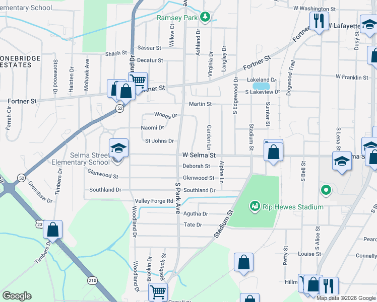 map of restaurants, bars, coffee shops, grocery stores, and more near 1312 West Selma Street in Dothan