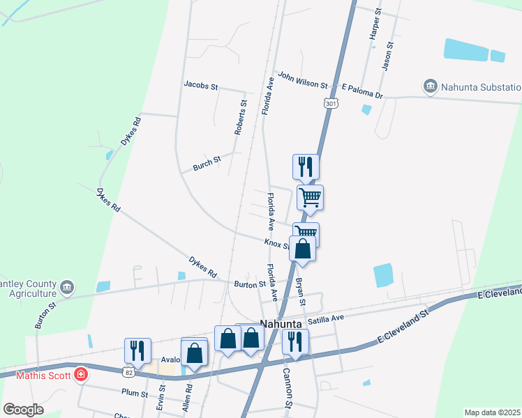 map of restaurants, bars, coffee shops, grocery stores, and more near 103 Eliza Nesby Street in Nahunta