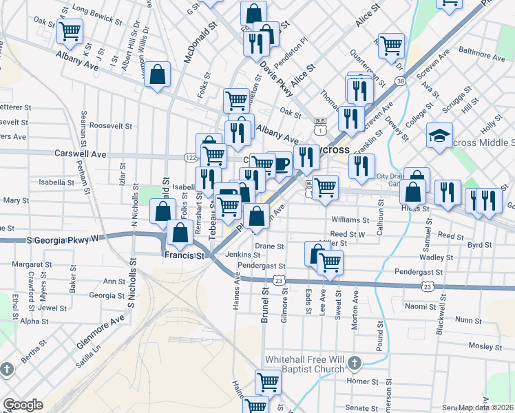 map of restaurants, bars, coffee shops, grocery stores, and more near 411-417 Lott St in Waycross