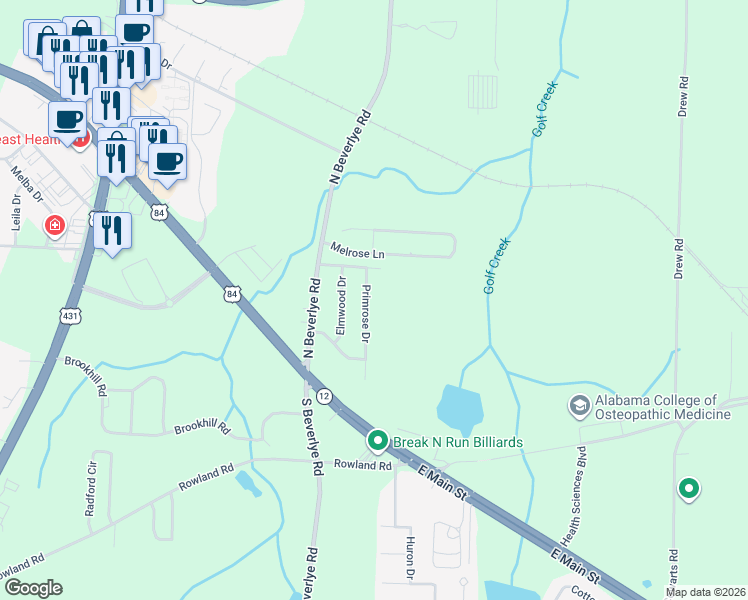 map of restaurants, bars, coffee shops, grocery stores, and more near 226 Primrose Dr in Dothan