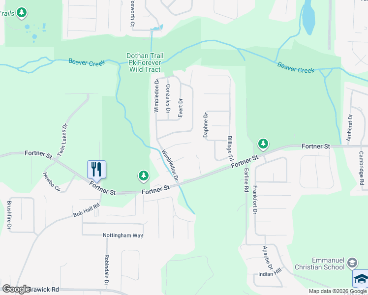 map of restaurants, bars, coffee shops, grocery stores, and more near 108 Newcombe in Dothan