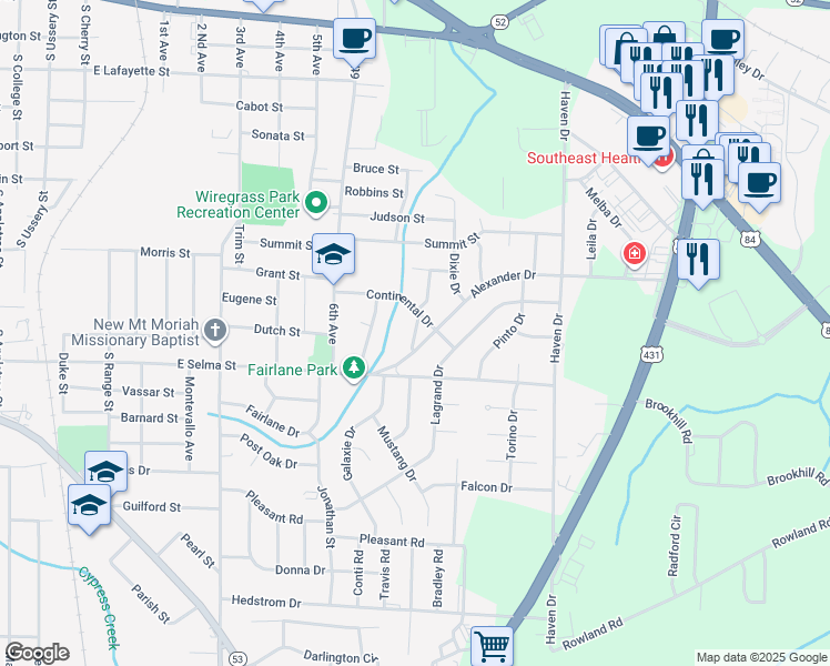 map of restaurants, bars, coffee shops, grocery stores, and more near 1301 Alexander Drive in Dothan