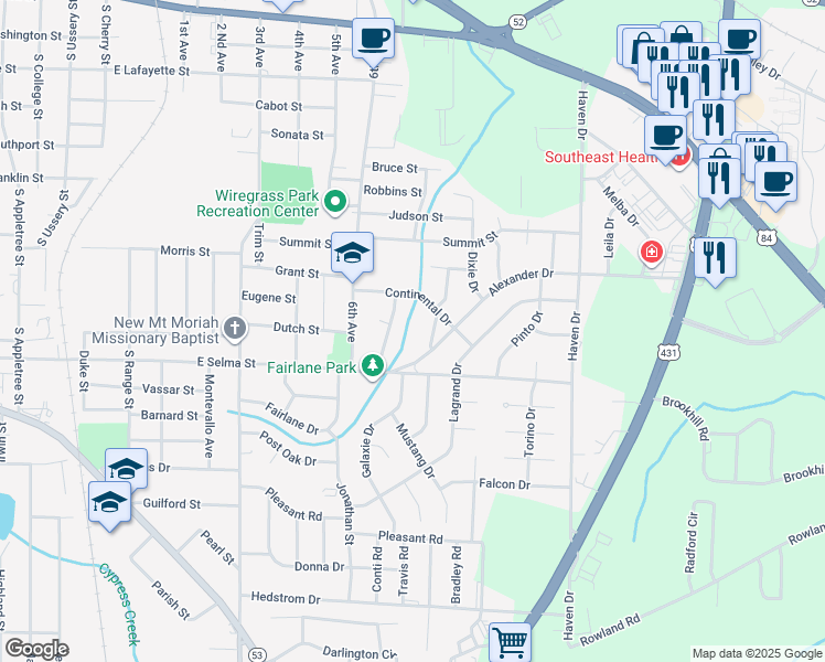 map of restaurants, bars, coffee shops, grocery stores, and more near 1301 Alexander Drive in Dothan