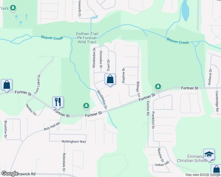 map of restaurants, bars, coffee shops, grocery stores, and more near 108 Newcombe Court in Dothan