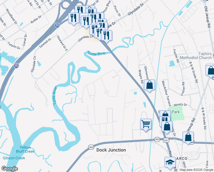 map of restaurants, bars, coffee shops, grocery stores, and more near 202 Anderson Drive in Brunswick