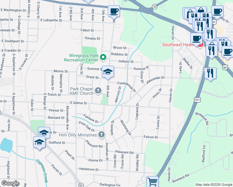 map of restaurants, bars, coffee shops, grocery stores, and more near 906 Mercury Drive in Dothan