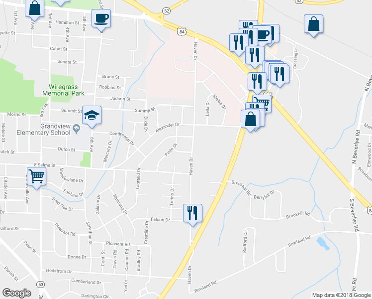 map of restaurants, bars, coffee shops, grocery stores, and more near 407 Maverick Drive in Dothan