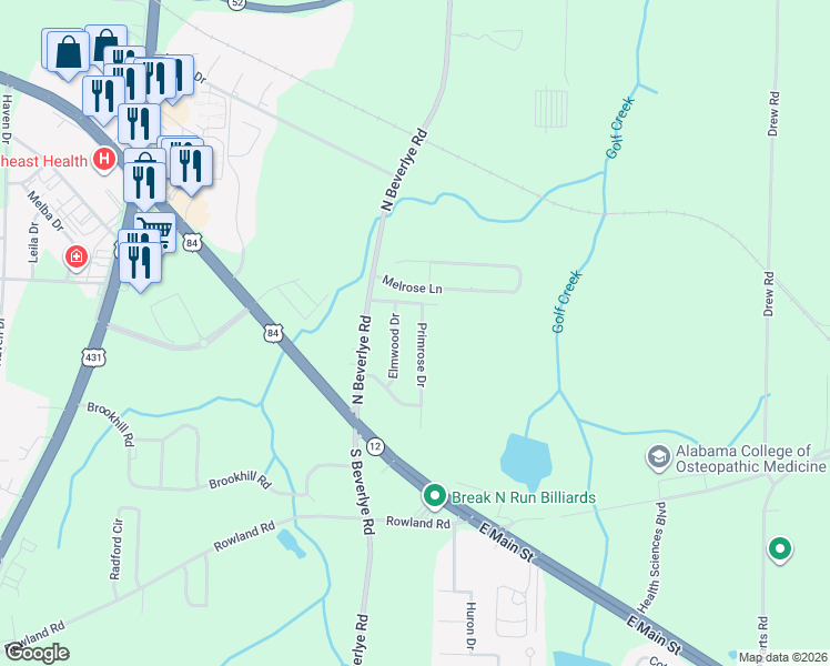 map of restaurants, bars, coffee shops, grocery stores, and more near 226 Primrose Drive in Dothan