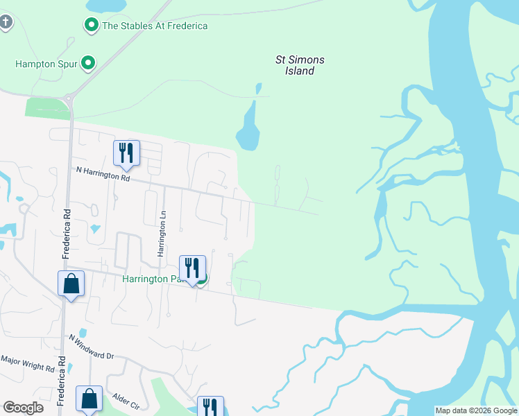 map of restaurants, bars, coffee shops, grocery stores, and more near 384 North Harrington Road in St. Simons Island