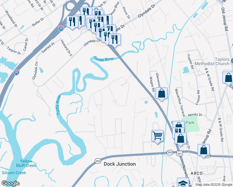 map of restaurants, bars, coffee shops, grocery stores, and more near 202 Anderson Drive in Brunswick