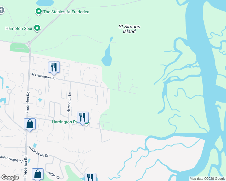 map of restaurants, bars, coffee shops, grocery stores, and more near 384 North Harrington Road in St. Simons Island