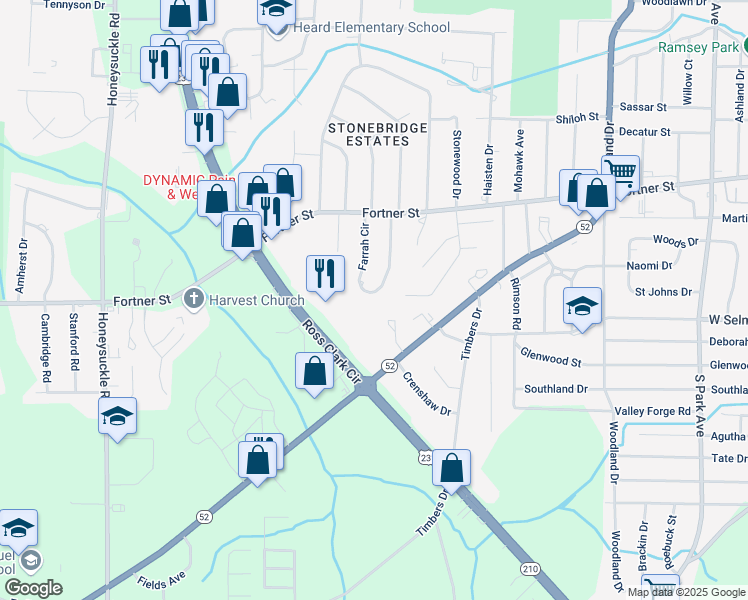 map of restaurants, bars, coffee shops, grocery stores, and more near 623 Farrah Circle in Dothan