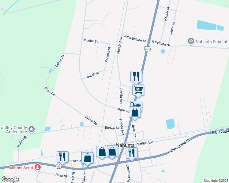 map of restaurants, bars, coffee shops, grocery stores, and more near 103 Eliza Nesby Street in Nahunta