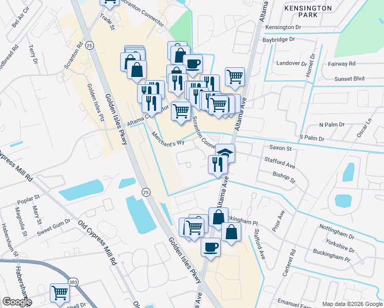 map of restaurants, bars, coffee shops, grocery stores, and more near 101 Legacy Way in Brunswick